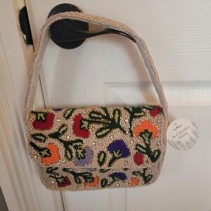 Studio 12 Bag New Beaded Ivory & Floral Pattern Handbag Hand made in India Purse